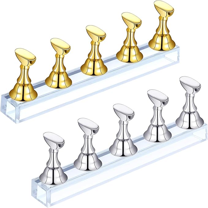 Blulu 2 Sets Nail Stand for Press on Acrylic Nails Display Practice Magnetic Fake Nail Holder for Painting Nails for False Fingernail Manicure Tool Home DIY Salon Supplies(Gold and Silver)