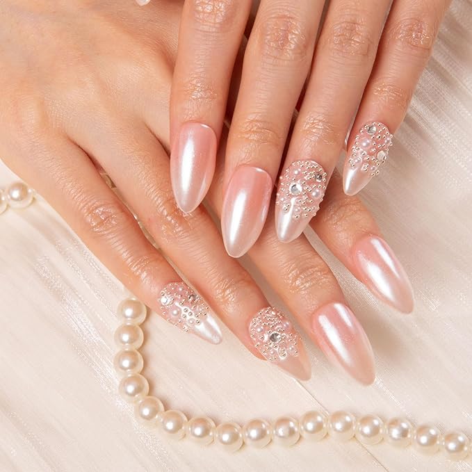 LOVFUL Press on Nails Dream Wedding | Handmade with Full Covered Crystals | Reusable Fake Nails | Almond Regular 1.0 in | H76-L