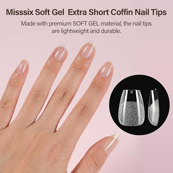 Misssix Extra Short Coffin Gel x Nail Tips Kit, 216Pcs Pre Etched Clear Fake Nails, Full Cover False Nail Gel Glue and Portable Mini U V Nail Lamp for Women 12 Sizes