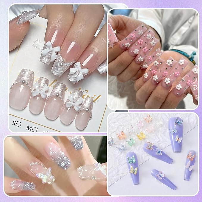 Color Bows Nail Charms Kit, 3D Pearls Gems Set, Gold Silver Nail Bows, Flower Butterfly 3D Asssorted Nail Charms and Gems, Nail Pearls for Nail Art DIY with Pickup Tools