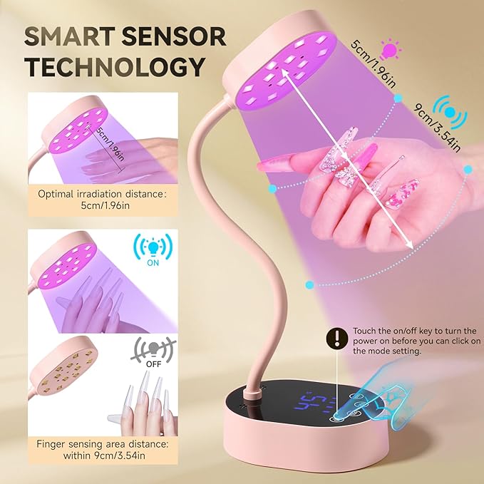 AORAEM UV Nail Lamp, Gooseneck Mini U V Light for Gel Nails, 36W Rechargeable LED Flash Cure Lamps with 4 Timers & Auto Sensor, Quick Dry Professional Nail Dryer for Salon Home DIY Use, Pink