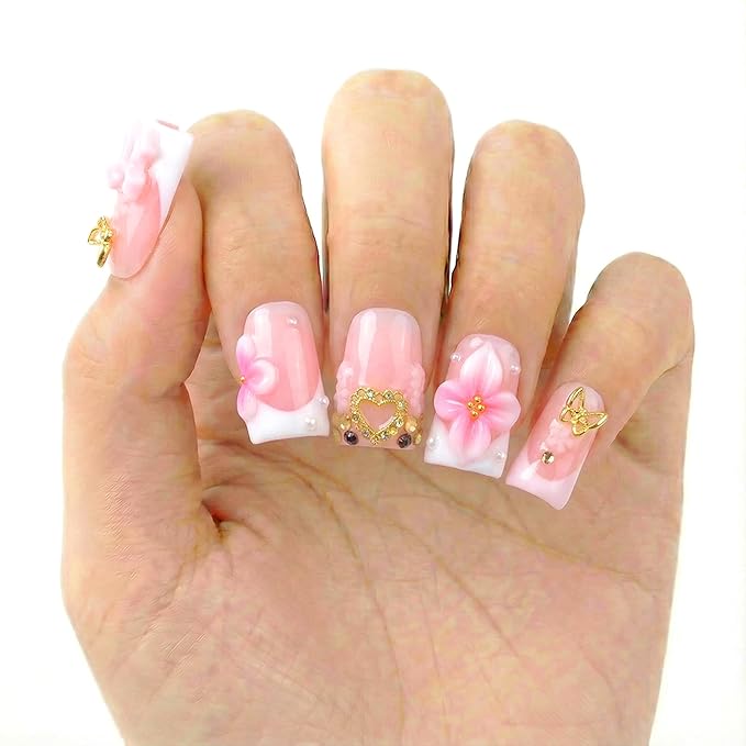 10Pcs Pink Press on Nails Short Handmade Duck Fake Nails with 3D Flower and Charms Designs French Tip Nails Press Ons Sparkly Full Cover Artificial False Nails for Women Manicure (Size M)
