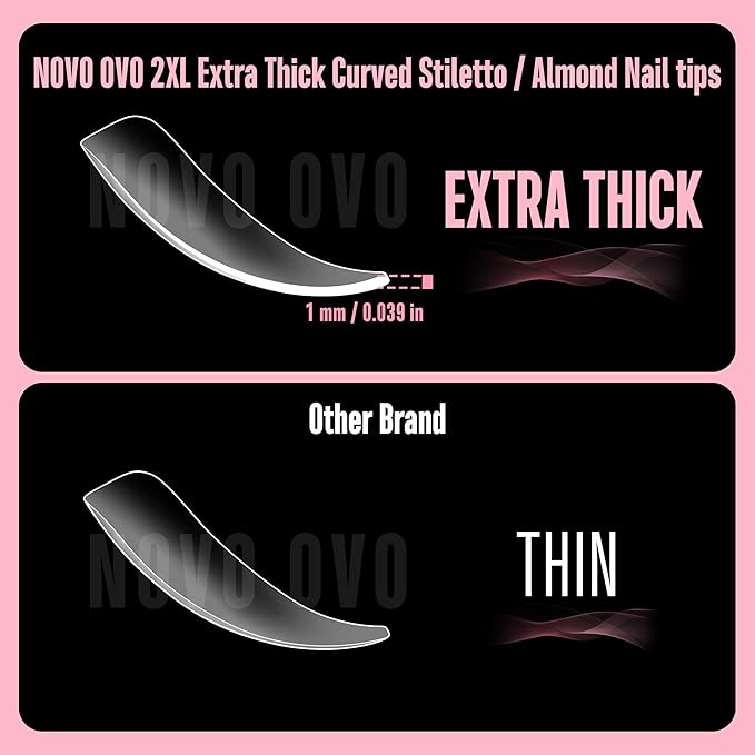 NOVO OVO Halloween XXL Curved Almond Stiletto Nail Tips Press on Full Cover, Soft Gel Extra Thick Long Acrylic Hawk Curve Fake Nails Extension Kit, Clear Pre-etched French False Nail 12 Sizes 300 Pcs