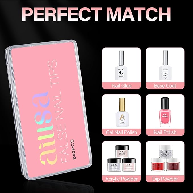 AILLSA Short Almond Nail Tips with Box, 15 Sizes Press On Gel Nail Tips Double Matte Pre-Buffed Almond Shaped Nails Tips Soft Full Cover Clear False Nail Tips for Nail Extension, 240PCS