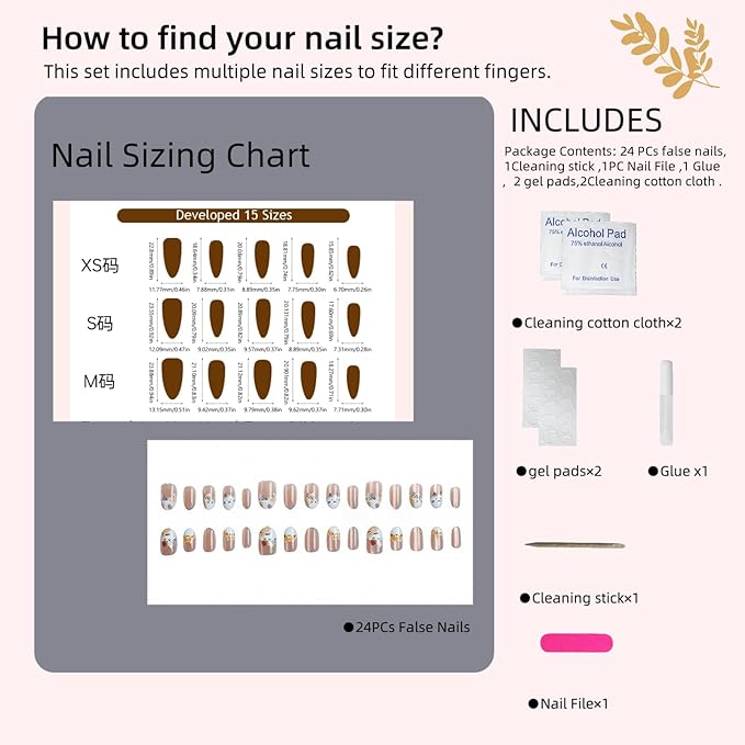 Cute Cat Press On Nails - Glitter Beige Kawaii Animal Fake Nails | Reusable Adhesive Art Manicure Kit (30 Pcs, Note: Slightly Smaller Size)