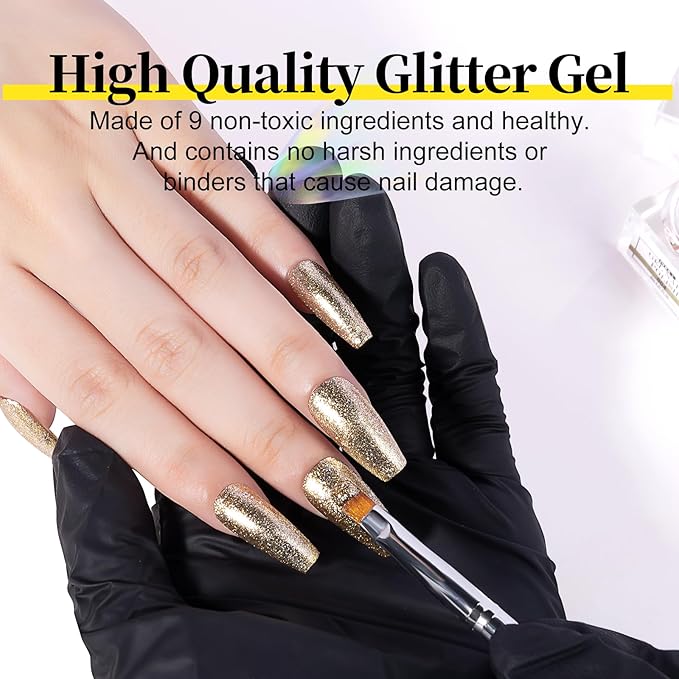 NXJ INFILILA Gold Glitter Gel Nail Polish, Reflective Shimmer Gold Gel Liner for Nail Art, Holographic Sparkle Long-lasting Color Soak Off UV Lamp Cured Gels for Art Manicure Salon DIY at Home B04