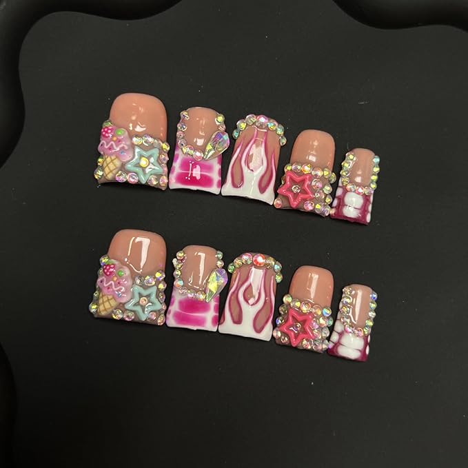 10pcs Handmade Press on Nails for Women - Medium Duck Curve 3D Thick Acrylic Fake Nails Reusable,Designer Floral Butterfly Rhinestones Bling Boho Funky Y2k Nail-art Set,S,pink lips