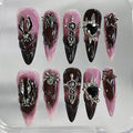 Halloween Handmade Press on Nails Long Almond 3D Nails Gothic Thick Acrylic Fake Nails Ombre False Nails with Rhinestones Spider Heart Designs Pink&Black Sturdy Nail Art Press on Nails 10Pcs(S)