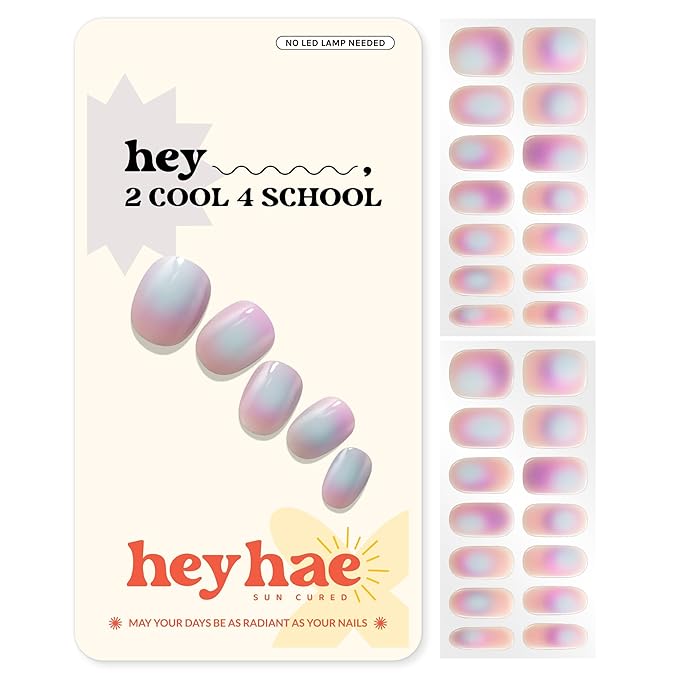Heyhae Semi Cured Gel Nail Strips | No LED Lamp Needed | Aura, Purple | Easy Apply & Remove, Salon Quality | Includes 28 Strips, 1 Prep Pads, Nail File & Wooden stick - Hey, 2 Cool 4 School