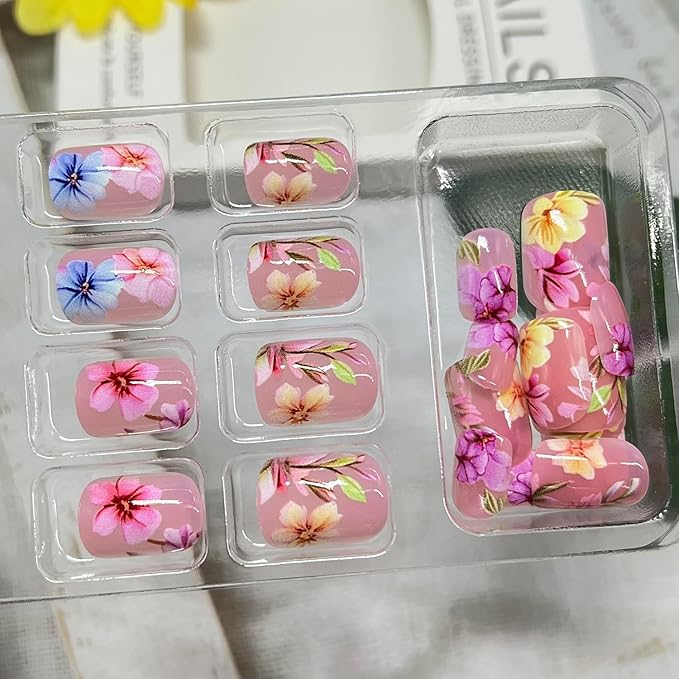 Flower Press on Nails Medium Square Fake Nails with Colorful Floral Leaf Designs Pink False Nail Spring Summer Stick on Nail for Women 24Pcs