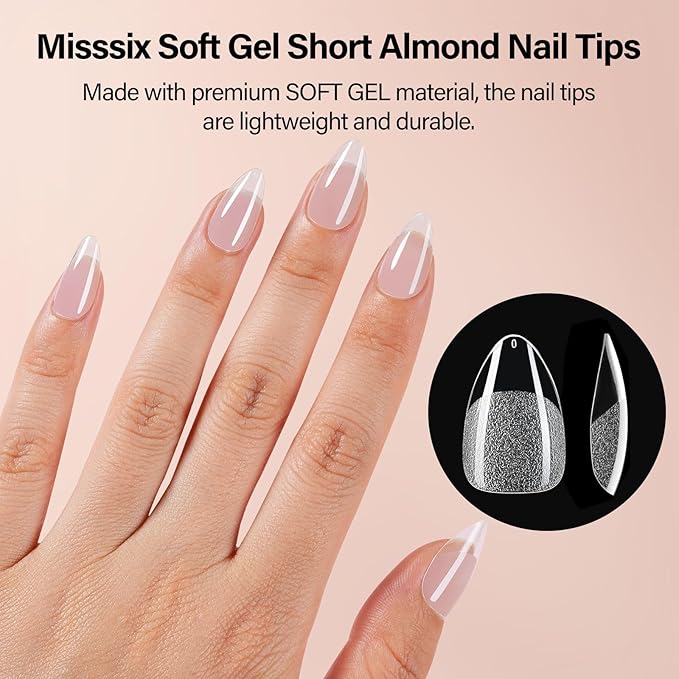 Misssix Short Almond Gel x Nail Tips Kit, 504Pcs Pre Etched Clear Fake Nails, Full Cover False Nail 9-in-1 Gel Glue and Portable Mini U V Nail Lamp for Women 12 Sizes