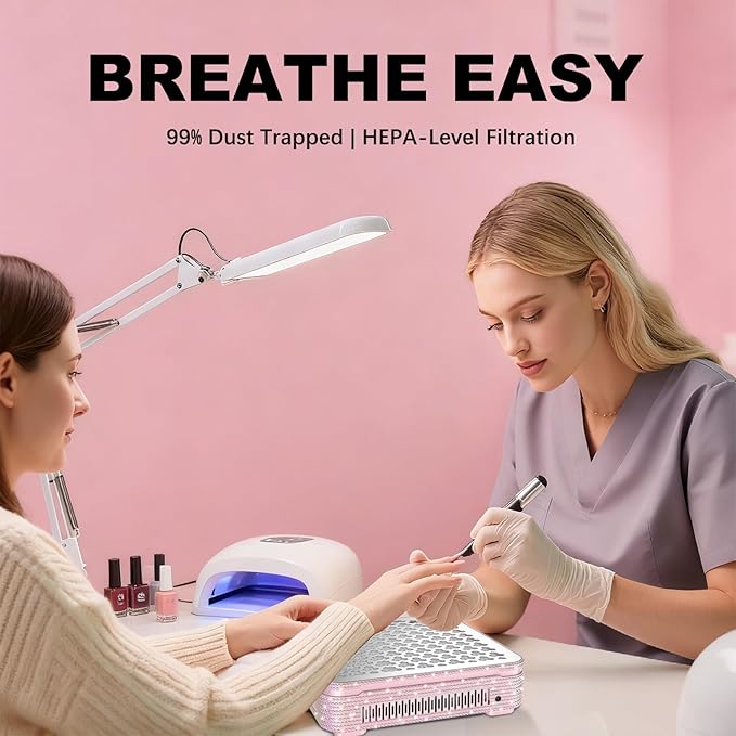 Nail Dust Collector | 1000PA Nail Dust Collector Rechargeable | 10 Speed Levels | Low Noise & Strong Suction | Reusable Filter, 10 Pads + Nail Dust Brush| for Acrylic Nails, Salon & Home -Pink Diamond