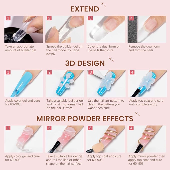 Solid Builder Gel for Nails, Clear White Pink Hard Gel for 3D Nail Art Sculpting with UV Lamp & Chrome Powder for Home DIY Salon, 18g (0.63oz)