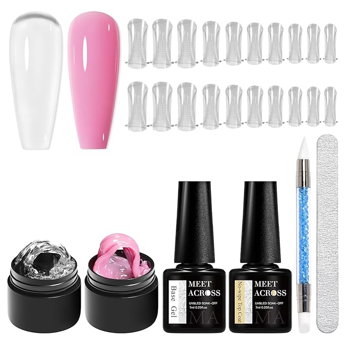 MEET ACROSS All-in-One Extension Mini Kit 2×7ml Non-Sticky Builder Gel Starter Kit WIth Base & Top Coat/Dual-Silicone Pen/Pro File/20-Pc Reusable Dual Forms Salon-Grade Extensions (Clear+Pink)