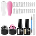 MEET ACROSS All-in-One Extension Mini Kit 2×7ml Non-Sticky Builder Gel Starter Kit WIth Base & Top Coat/Dual-Silicone Pen/Pro File/20-Pc Reusable Dual Forms Salon-Grade Extensions (Clear+Pink)