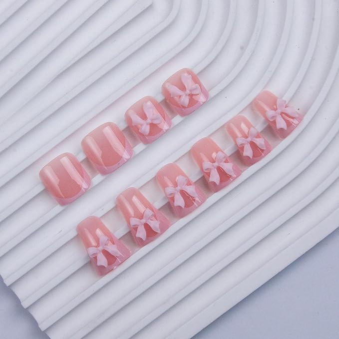 48Pcs Duck Shaped Press on Nails Short & Press on Toenails Set, Pink Bow Fake Nails French Press on Toe Nails Full Cover Stick on Toe Nails Wide Duckbill Acrylic Nails Kit for Women Manicure