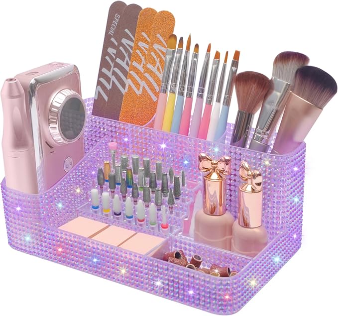 ANRUI Nail Drill Bit Holder, 28 Holes Plastic Nail Drill Machine & Bits Storage Case, Professional Nail Desk Organizer for Manicure Tools Gift for Women and Girls- Diamond Purple