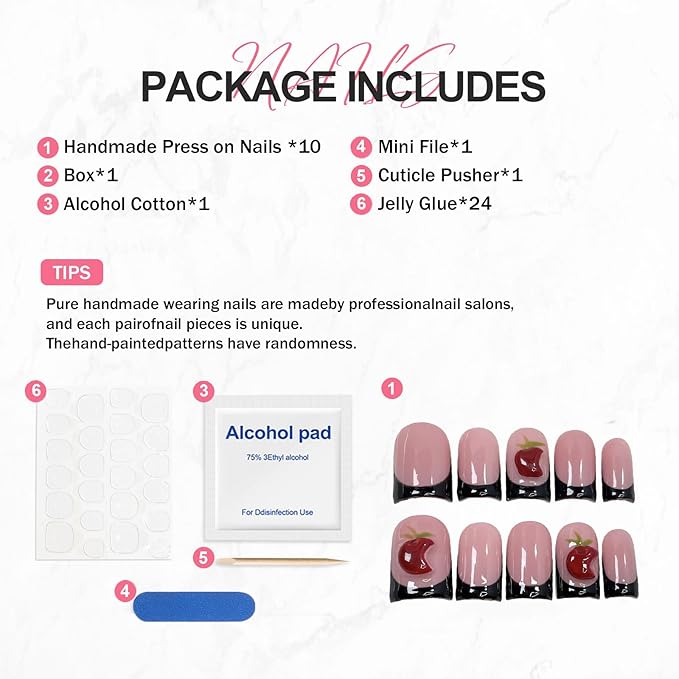 Handmade Press on Nails 3D Red Fruit Designs Short Square Shape False Nail Black French Tips Acrylic Nails Muti-Layer Gel Thicked False Nails Full Cover Stick on Nail for Women (Size S)