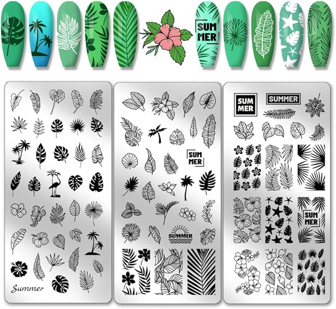 PH PandaHall 3pcs Palm Leaf Nail Art Templates, 87 Patterns Summer Plant Nail Stamping Coconut Tree Nail Art Stencils Stainless Steel Nail Image Plates for Summer Nail Design Print Manicure Salon