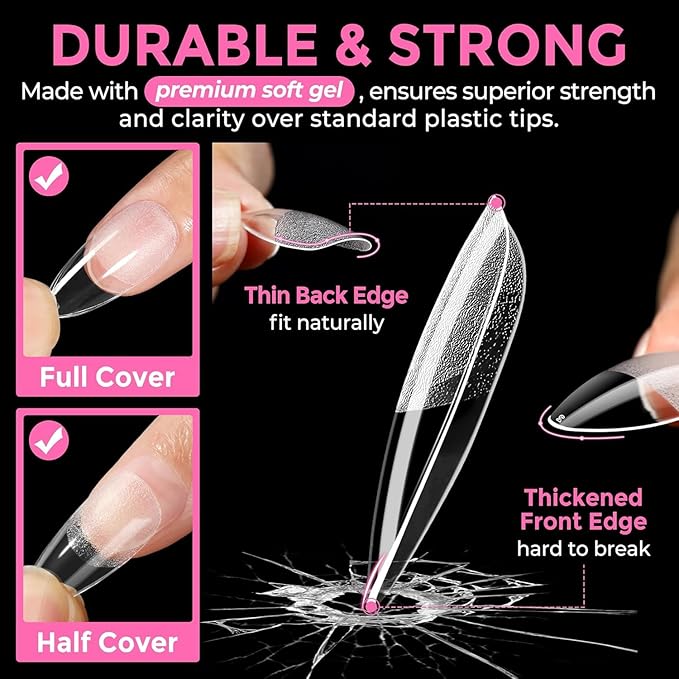 Gel Nail Tips Shape, 550 Pcs Half Matte Pre-Etched Press On False Nails, Full Cover Acrylic Nail Tips Kit for Nail Extensions, DIY Salon Nails. (Medium Almond, Clear)