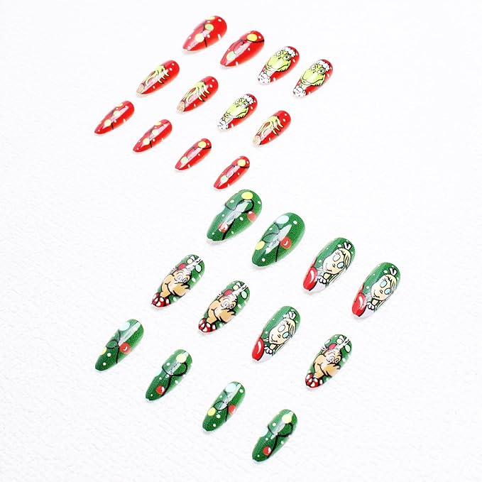 24 Pcs Christmas Medium Almond Press on Nails with Xmas Cartoon Green Monster and Dog Designs Red Green Glossy Acrylic Nails Cute Christmas Nails Full Cover Stick on Nails for Women DIY Manicure