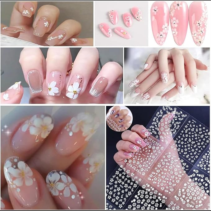 30 Sheets White Flower Nail Art Stickers 3D Self Adhesive Floral Nail Decals Flower with Rhinestones Nail Art Supplies White Flower Nail Stickers for Women Girls Manicure Decoration