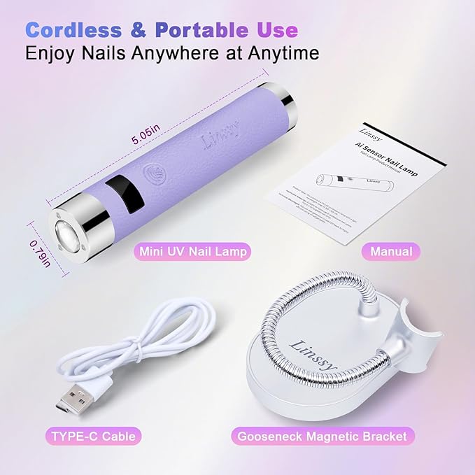 Mini UV Light for Nails with Auto Sensor & Gooseneck Stand,Portable Cordless Nail Lamp Flash Cure Lamp with LCD Display,Handheld UV Light for Gel Nails at Salon & Home Use (Purple)