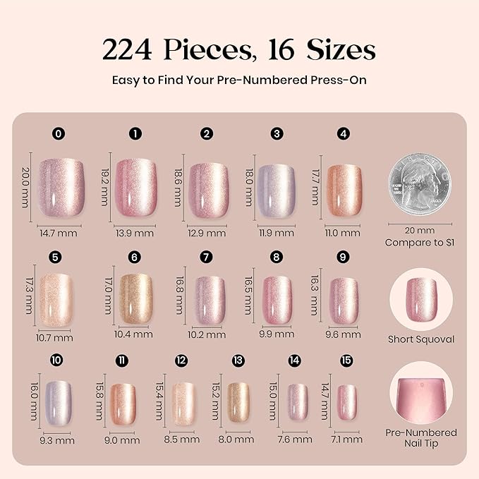 Beetles X Press Cat Eye Nails - 7 Colors Nude Short Square Press On Nails | 16 Sizes 224 Pcs Natural Salon Quality Glitter Chasing Light Cateye Nails For Women