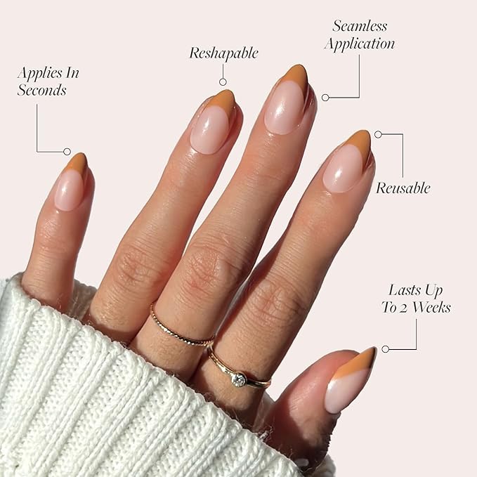 Glamnetic Press On Nails - Café Crème | Semi-Transparent Light Brown French Tip Short Almond Fake Nails in a Glossy Finish, Salon Quality | 15 Sizes - 30 Nail Kit