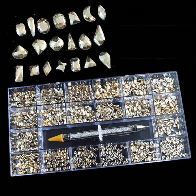1000 Pcs Crystal Champagne Nail Art Rhinestone Accessories Flat Glass Stone Strass Mixed Shape DIY 3D Fingernail Decoration 20 Styles Flat- Back Nail Art Rhinestone With 1 Pick Up Pen In Clear Big Box