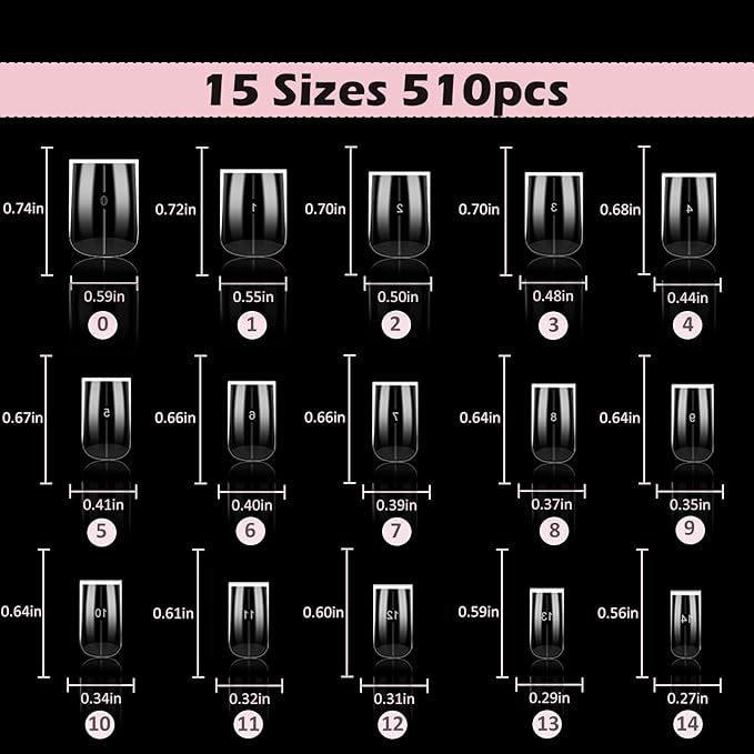 Short Square Nail Tips, 510Pcs Thick Straight Full Cover Fake Nails, Sharp Square Clear Press-On Nails French Acrylic False Nail Tips for Salon Home DIY 15 Sizes