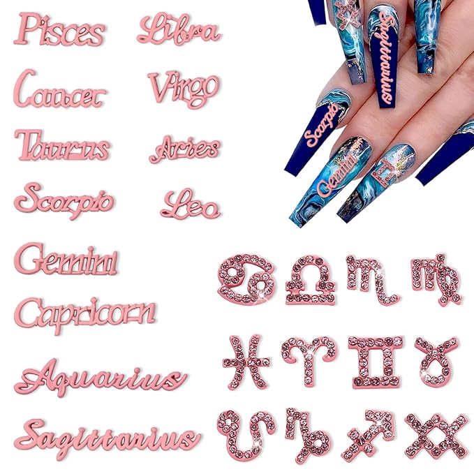 24 Pieces Pink Alloy Zodiac Nail Charms Zodiac Sign Charms for Nails Twelve Constellation Words Charms Virgo Leo Aries Taurus Gemini Capricorn Zodiac Nail Charms for Women Nail Art Decoration