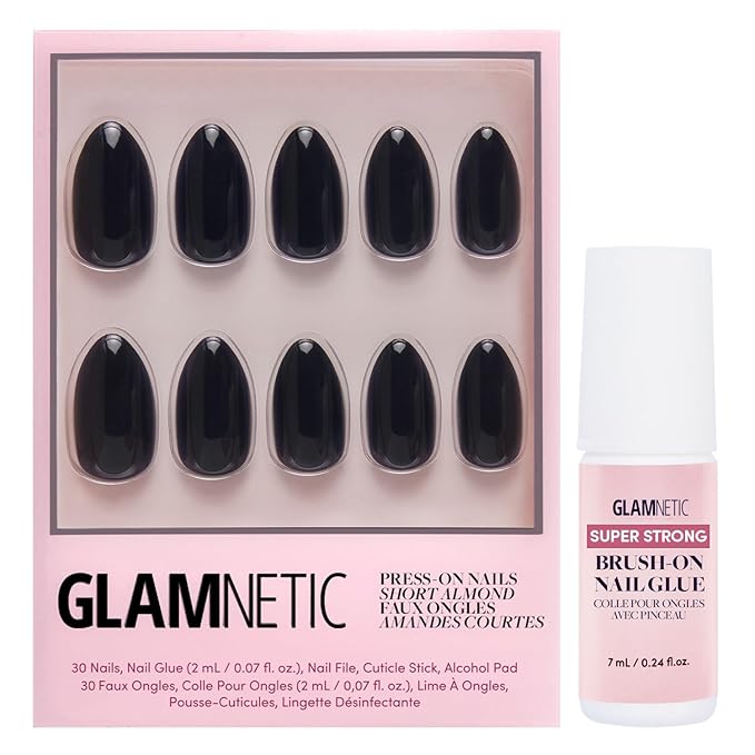 Glamnetic Press On Nails & Brush On Nail Glue Bundle - Boba | Opaque Black Short Almond Nails, Reusable | 12 Sizes - 24 Nail Kit