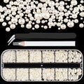 Belleboost Flat Back Pearls Kits 1 Box of Flatback Beige Half Round Pearls with Pickup Pencil and Tweezer for Home DIY and Professional Nail Art, Face Makeup and Craft
