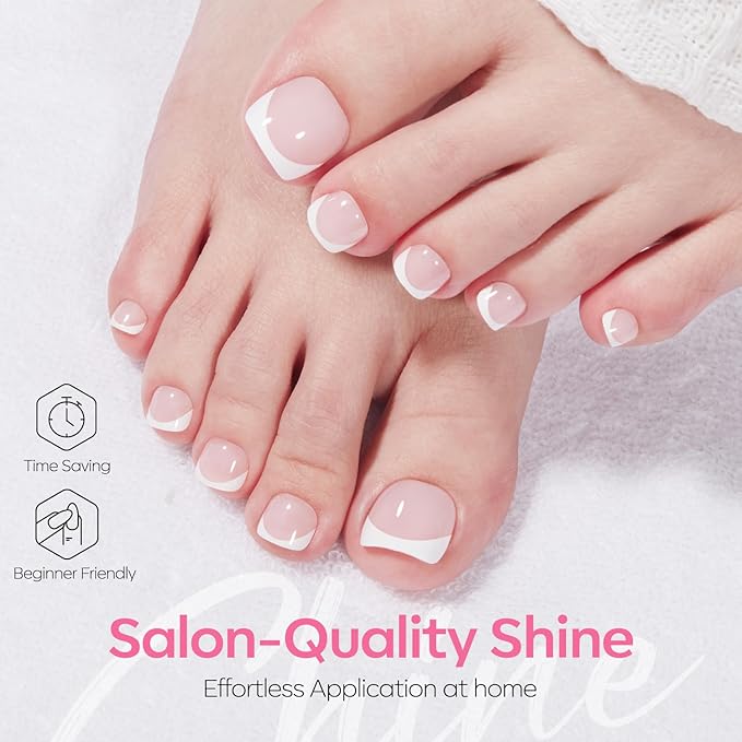 Modelones Press on Toenails Short, Pink French Tip Toe Nails Square, Reusable Nail Kit with Nail Glue Adhesive Tabs Mini Nail File, Toe Nails 36Pcs 18Sizes, Spring Women Girl Gift
