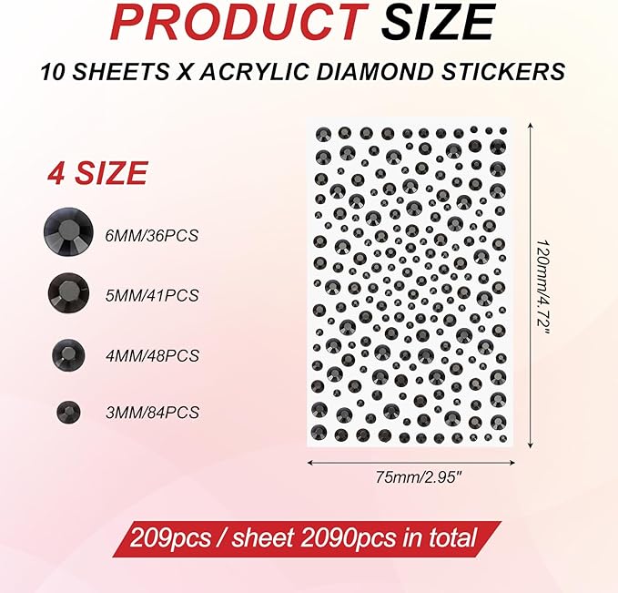 PATIKIL 2090 Pcs Acrylic Gem Sticker, 4 Size 3/4/5/6mm Self Adhesive Rhinestones Face Gem Stones Bling Jewelry for Nail Art Craft Clothes DIY Makeup Decoration Party, Black