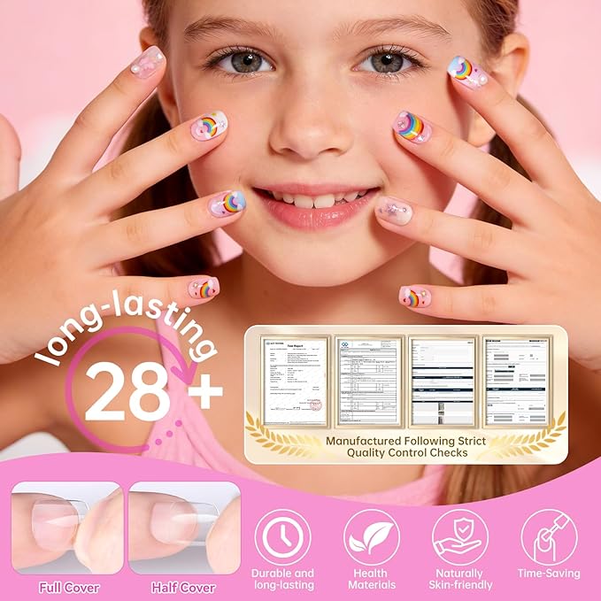 krofaue Short Suqare Kids False Nails - 240Pcs Press on Nails for Girls,Full Cover Children Fake Nails Decoration 10 Sizes Soft Gel Kids Nail Tips for for Home & Nail Salon Use (4-8 years old)