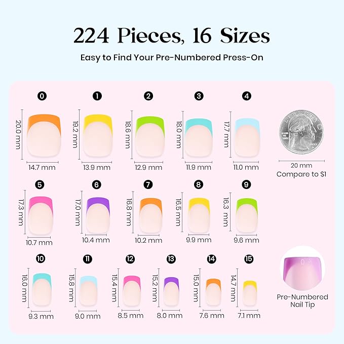 Beetles Summer Press On Nails 224 Pcs 7 Colors, French Tip Nails Short Square Classic Fake Nail Tips, Rainbow Soft Nail Gel False Nails Art DIY For Women