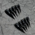 Halloween Press on Nails Long Curved Stiletto Handmade Black Design Stick on Nails Horror Vampire Fake Nails Dragon Cat Claw Press on Nails Glossy Acrylic Glue on Nail Thick(M,Black Glossy Finish)