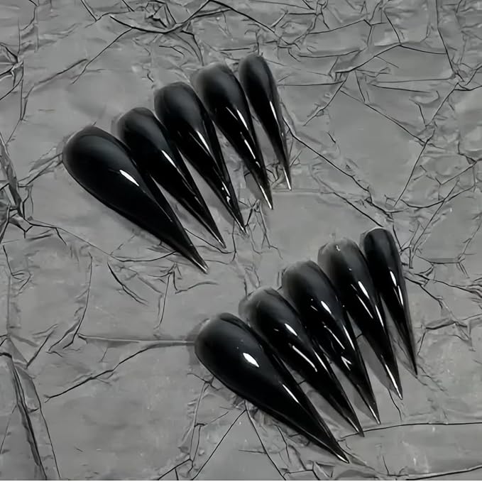 Halloween Press on Nails Long Curved Stiletto Handmade Black Design Stick on Nails Horror Vampire Fake Nails Dragon Cat Claw Press on Nails Glossy Acrylic Glue on Nail Thick(M,Black Glossy Finish)