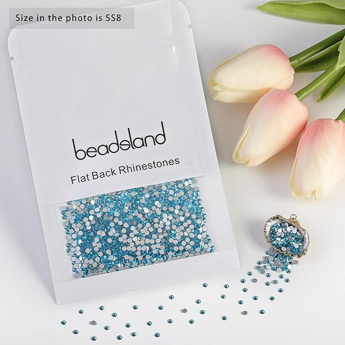 Beadsland Flat Back Crystal Rhinestones Round Gems for Nail Art and Craft Glue Fix, Aquamarine, 2.3-2.5mm, SS8/1440pcs