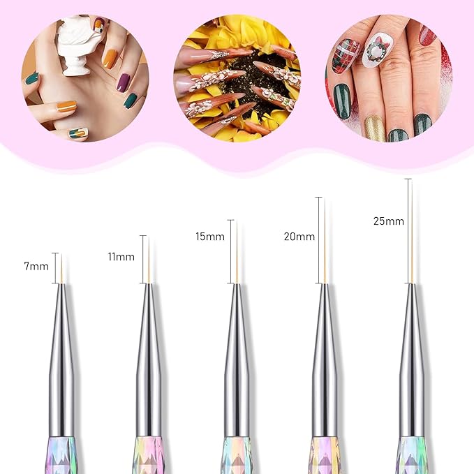 5PCS Nail Art Liner Brushes - Liner Brush For Nail Gel Fine Drawing,Thin Liner Nail Brush Set Size 7/11/15/20/25mm Striper Brushes Christmas Gift for Women