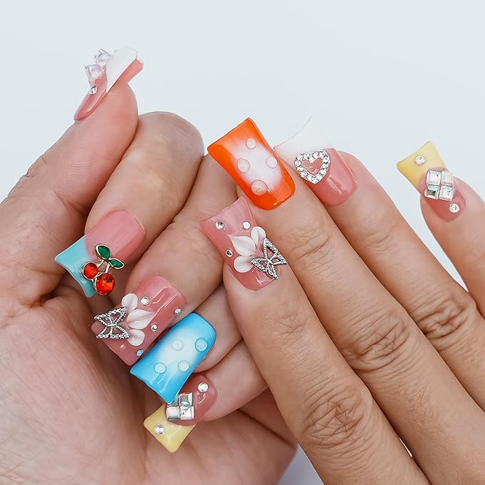 Handmade Press on Nails Short Duck - 3D Floral Metallic Butterflies False Nails Luxury Rhinestone Cherry Petal Flower Design, Reusable Thick Acrylic Full Cover(Spring Bloom Pop,L)