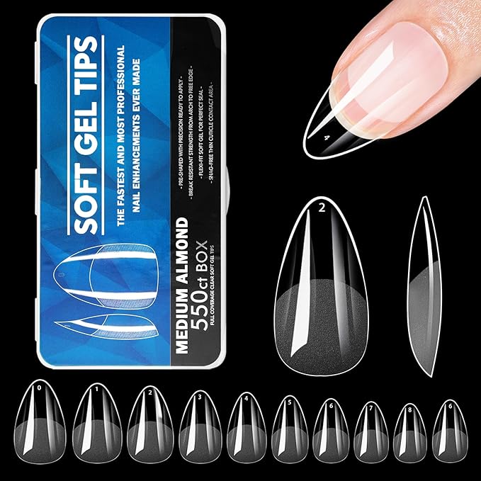 550PCS Short Almond Nail Tips,Pre-shaped Soft Gel Nail Tips,Clear Press on Nails Tips Almond Shape,False Nails for Nail Extension Home DIY Nail Salon