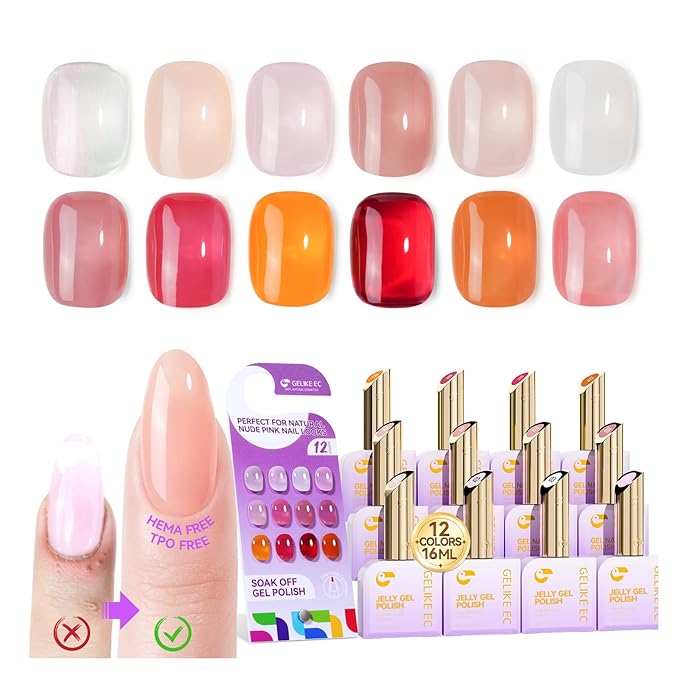 gelike ec Professional Jelly Gel Polish: 12 Nail Colors Set for Salon Technicians with 16ml Big Bottle & Color chart - HEMA & TPO Free Safe Formula Easy to use On Natural or Acrylic Nails