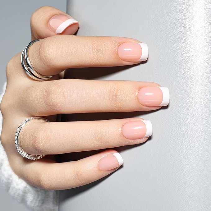 French Tip Press On Nails, Short Square Press on Nails White Nails Press Ons for Women Fake Nails with Glue, Glossy Reusable Glue on Nail in 15 Sizes - 30pcs, Porcelain French