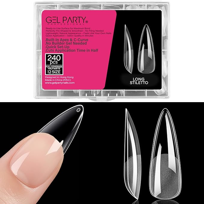 GELPARTY Soft Gel Nail Tips Long Stiletto - 240Pcs Pre-Buffed Matte Full Cover Tips - No Filing Needed, Soak Off Gel Extension System - Clear False Nails (12 Sizes)