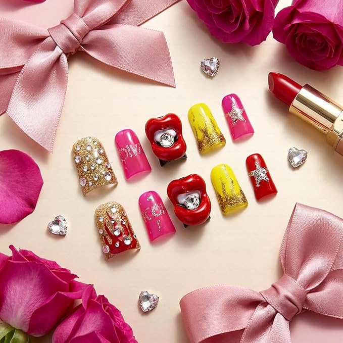 10 Pieces Luxury Acrylic Press On Nails Short Handmade Duck Nails, Pink Thickened False Nails, Rhinestone And 3D Red Lips, Reusable Fake Nails, Acrylic Nails (M)