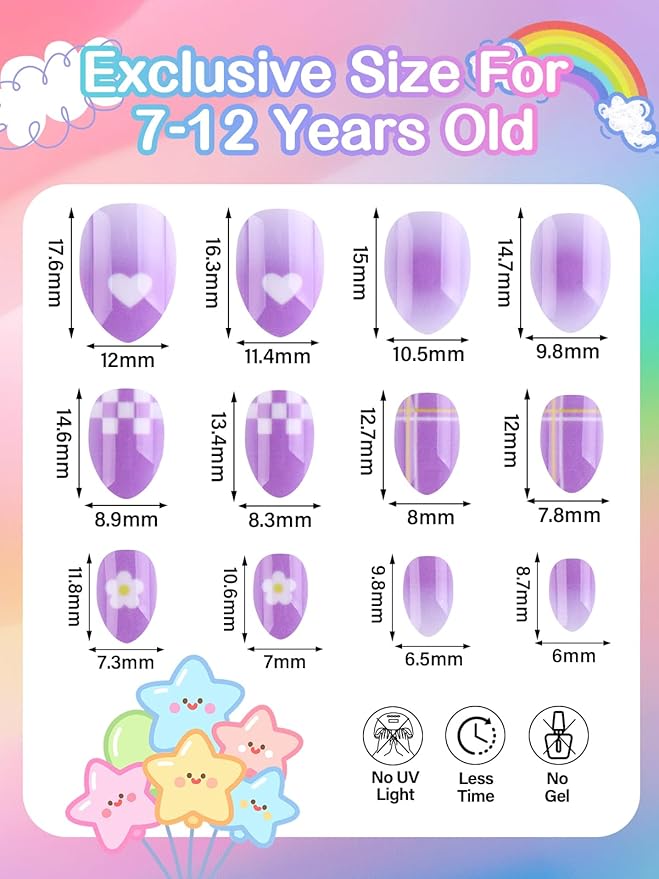 EBANKU 72Pcs Press on Nail Kids, 3 Pack Purple Heart Kid Flase Nails Kit with Nail Glue Set Fake Nail for Girls Nail DIY Salon Home Decor
