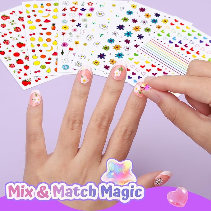 FANDAMEI Press On Nails for Girls, 12 Style Press On Nails for Kids, 6 Sheet Heart Fruit Flower Nail Stickers for Kids, 3D Rhinestone Stickers Face Gems Mermaid Colorful, Nail Art Kit for Girls